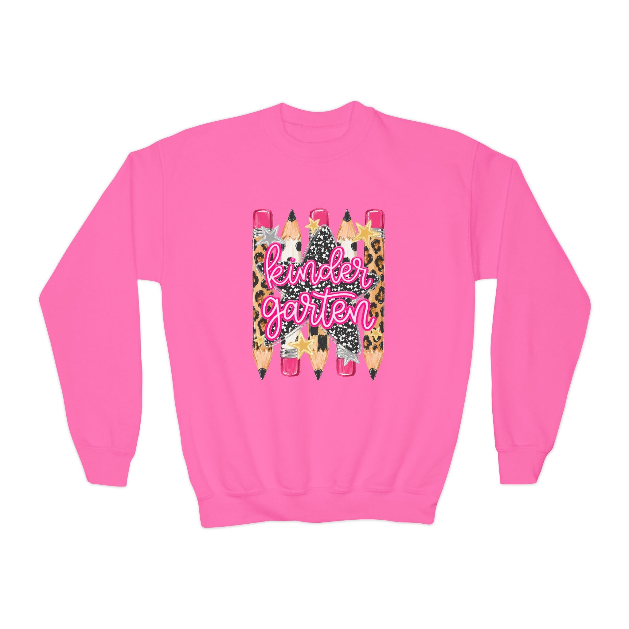 Youth Sweatshirt — 'Kindergarten' Leopard Pencils Back-to-School Crewneck