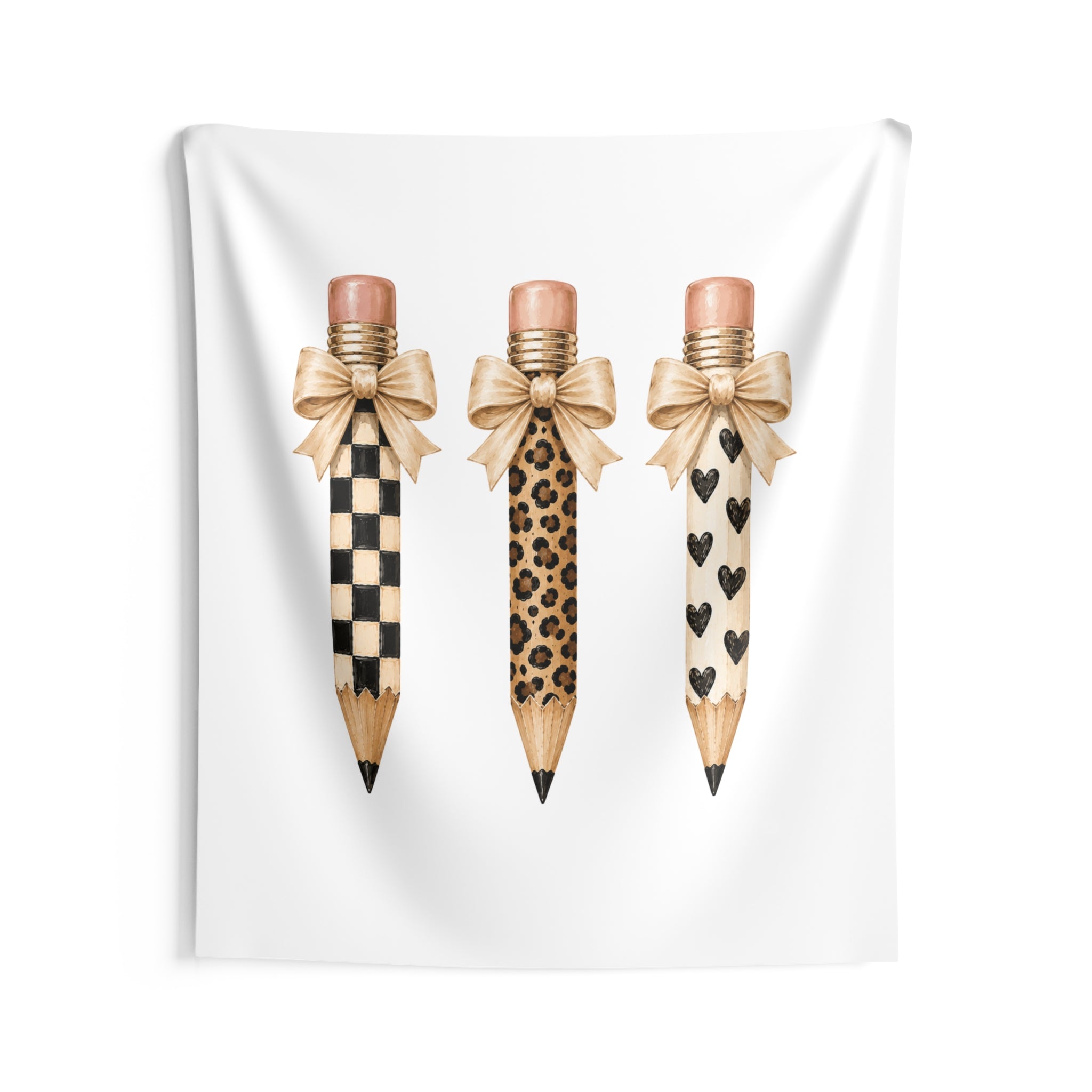 Pencil Trio Tapestry — Leopard, Checker & Heart Pattern Wall Art