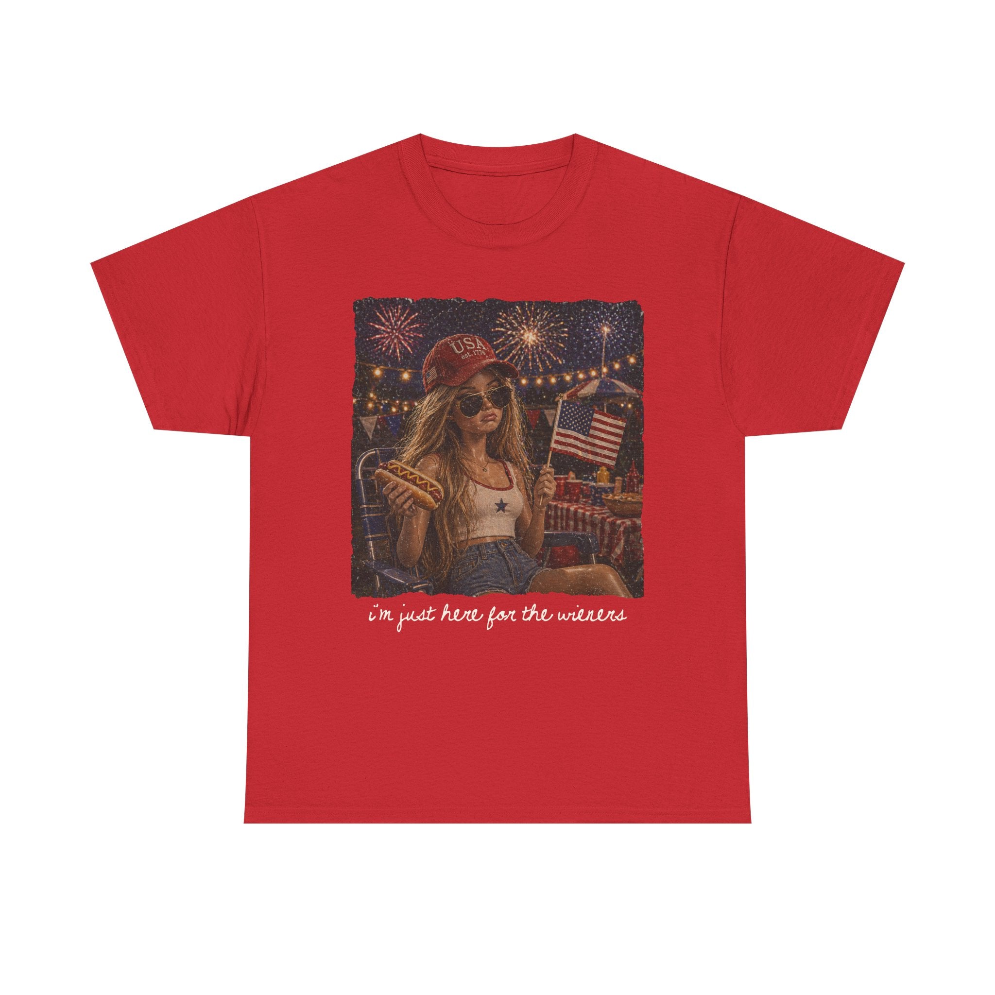 Fourth of July Graphic Tee - Retro Girl with Fireworks & American Flag