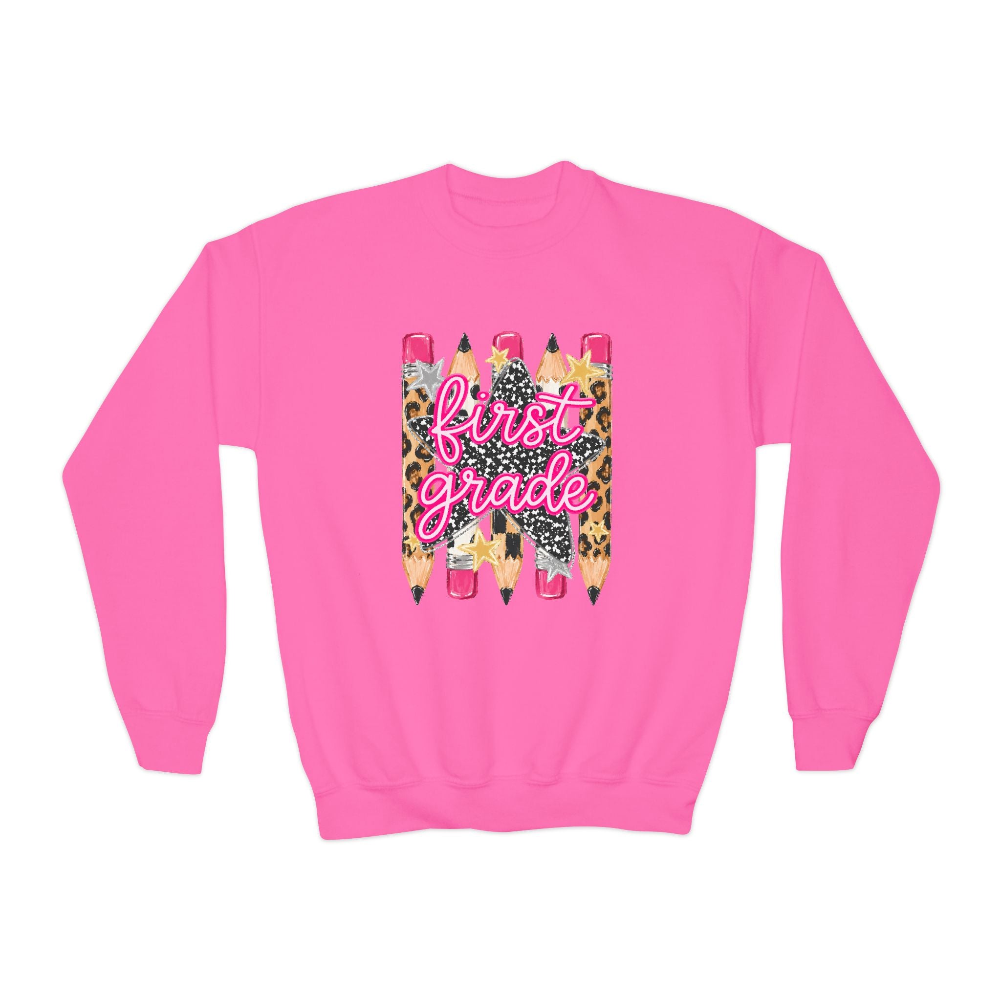 First Grade Leopard Pencil Youth Crewneck Sweatshirt