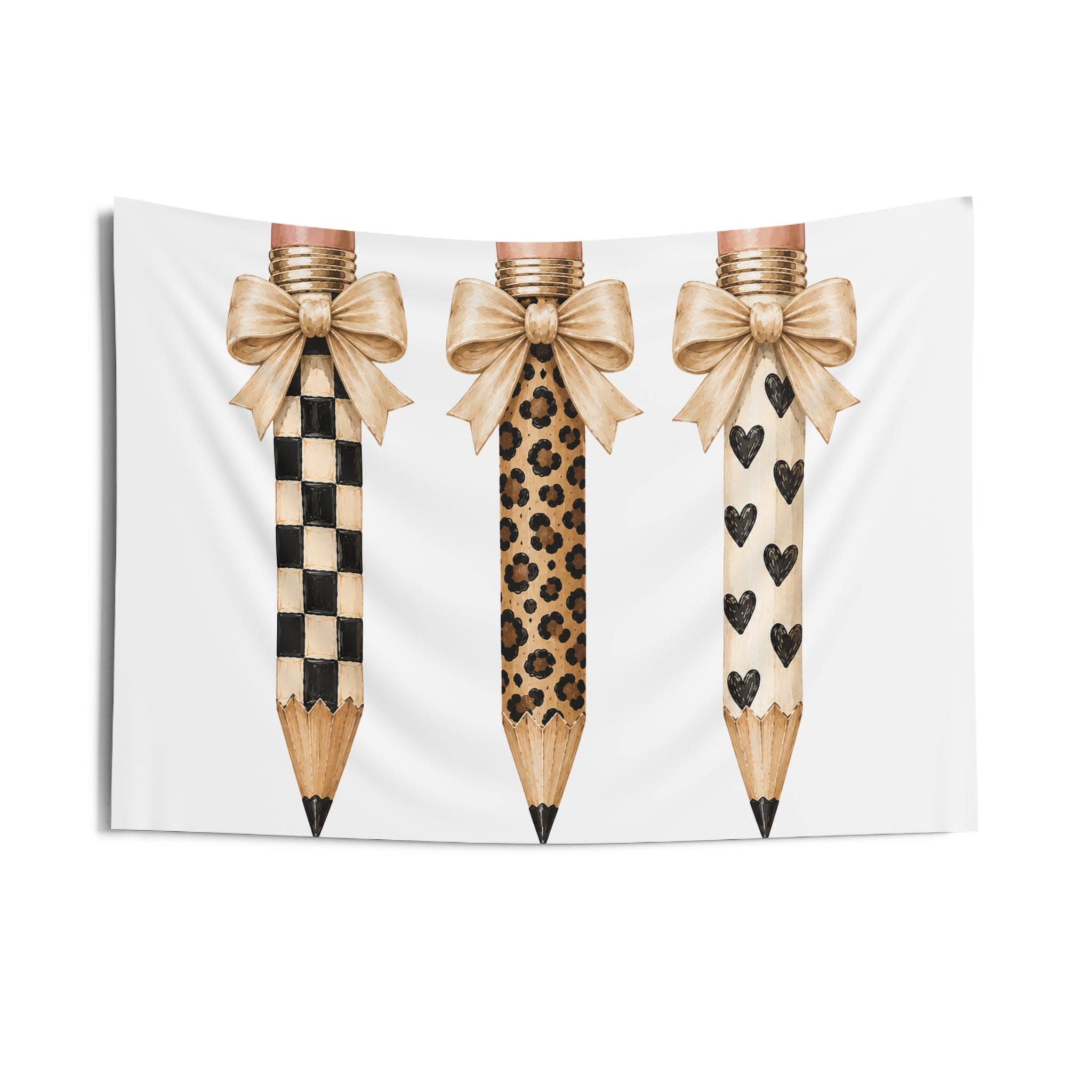 Pencil Trio Tapestry — Leopard, Checker & Heart Pattern Wall Art