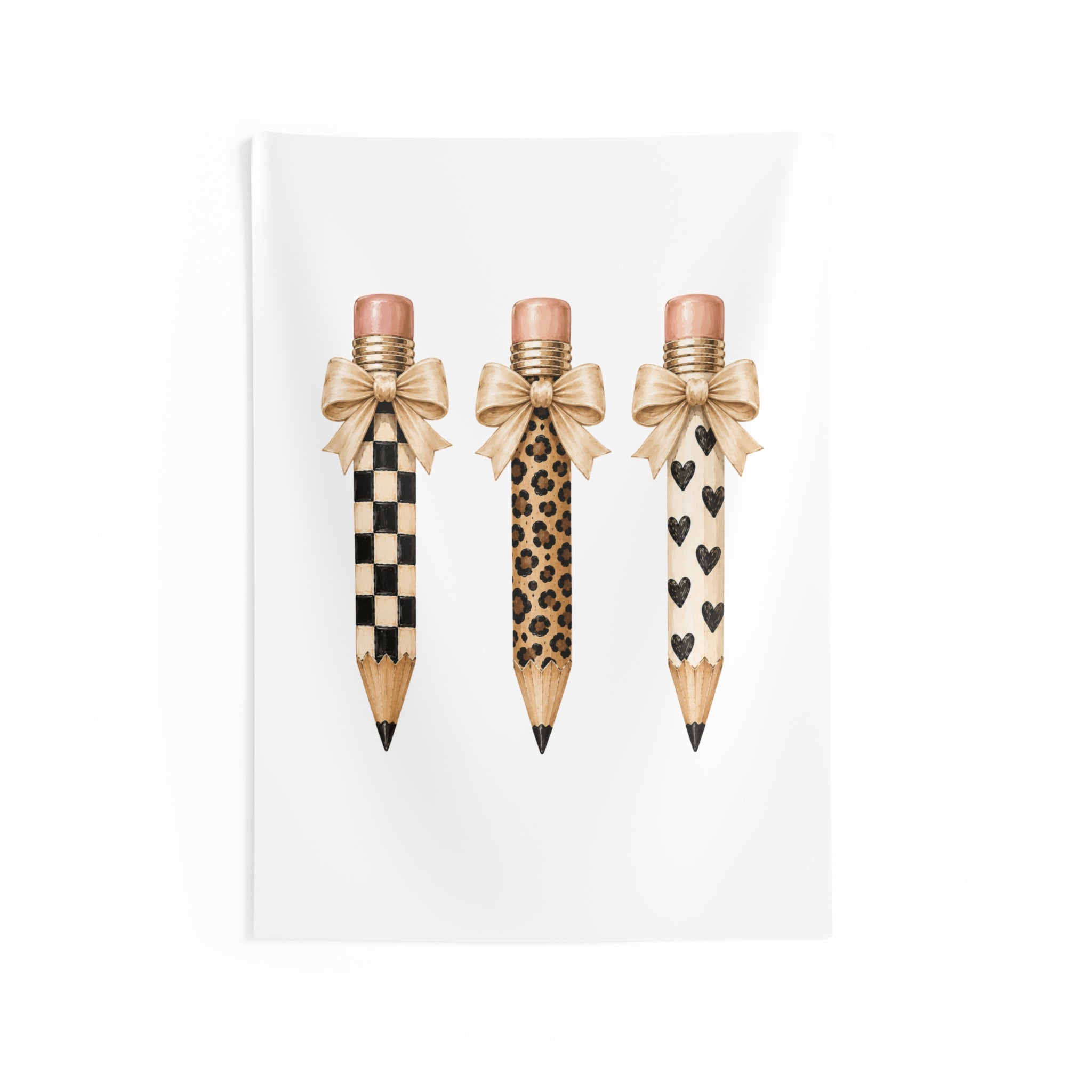 Pencil Trio Tapestry — Leopard, Checker & Heart Pattern Wall Art