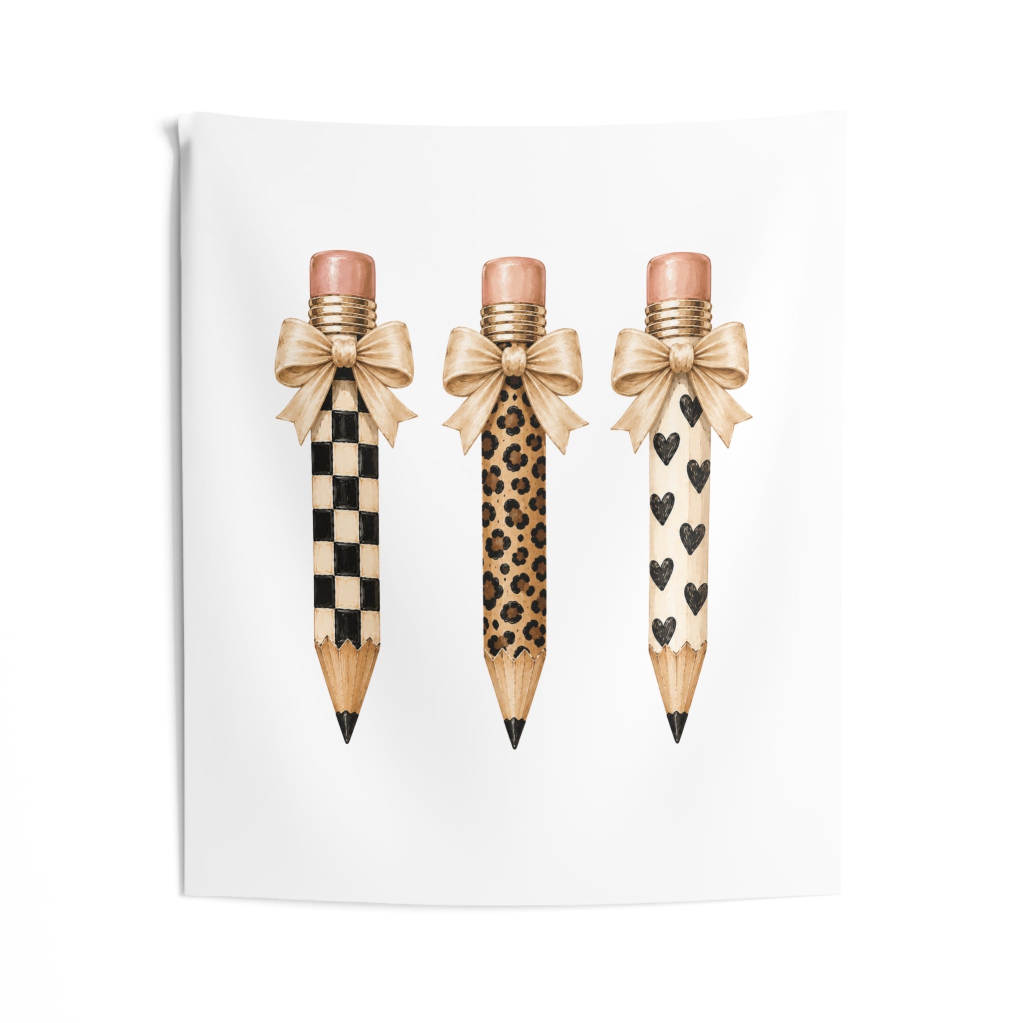 Pencil Trio Tapestry — Leopard, Checker & Heart Pattern Wall Art