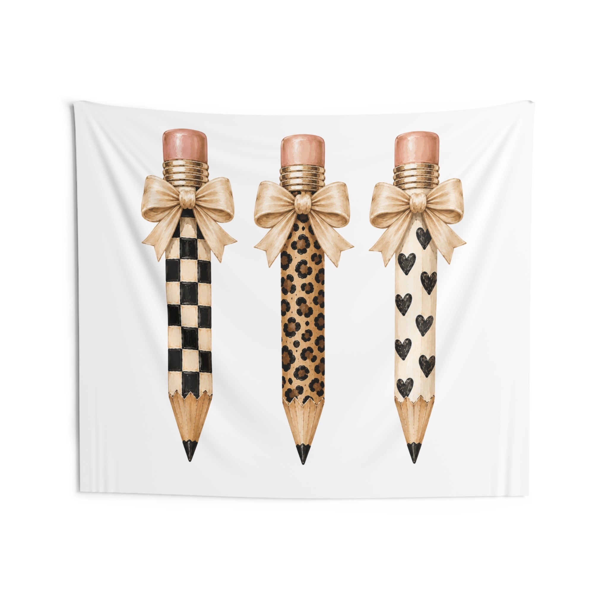 Pencil Trio Tapestry — Leopard, Checker & Heart Pattern Wall Art