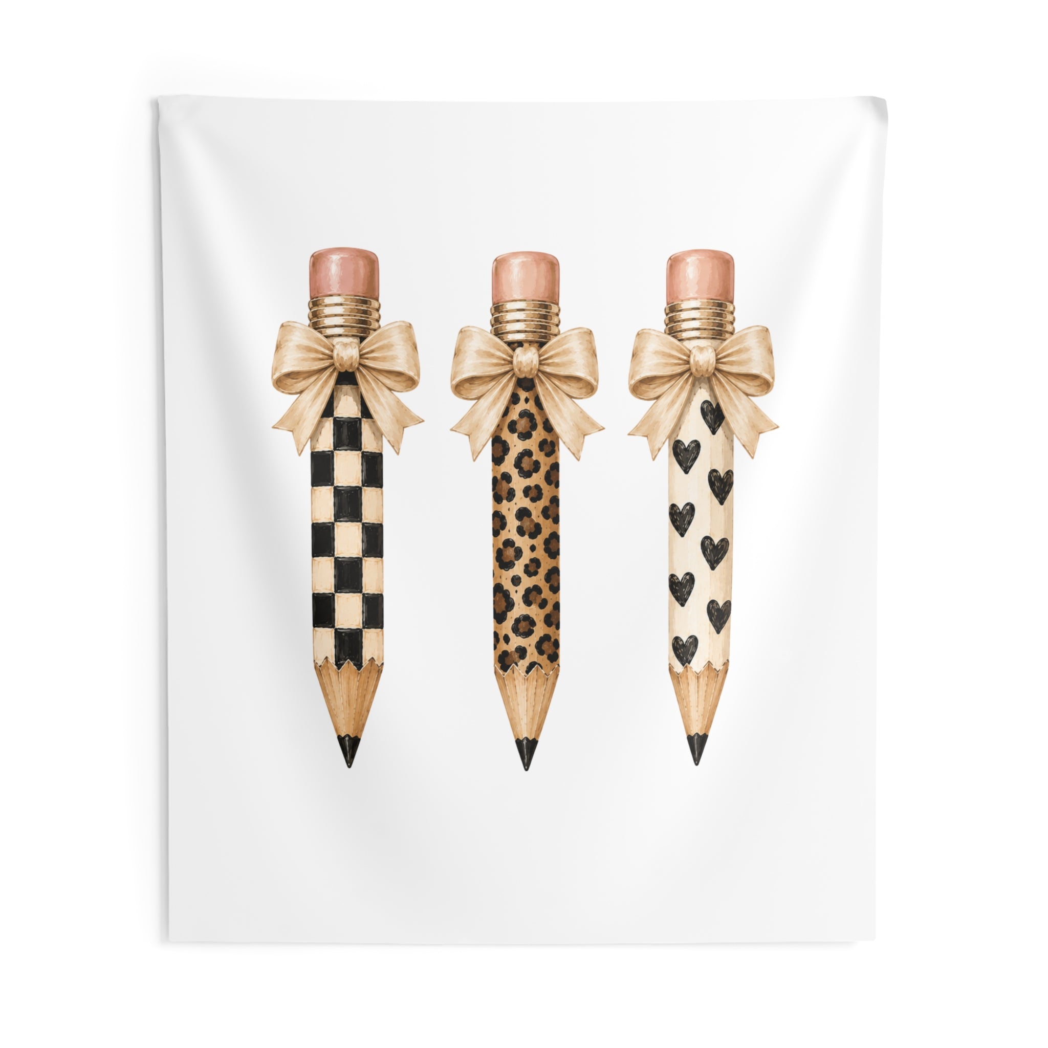 Pencil Trio Tapestry — Leopard, Checker & Heart Pattern Wall Art