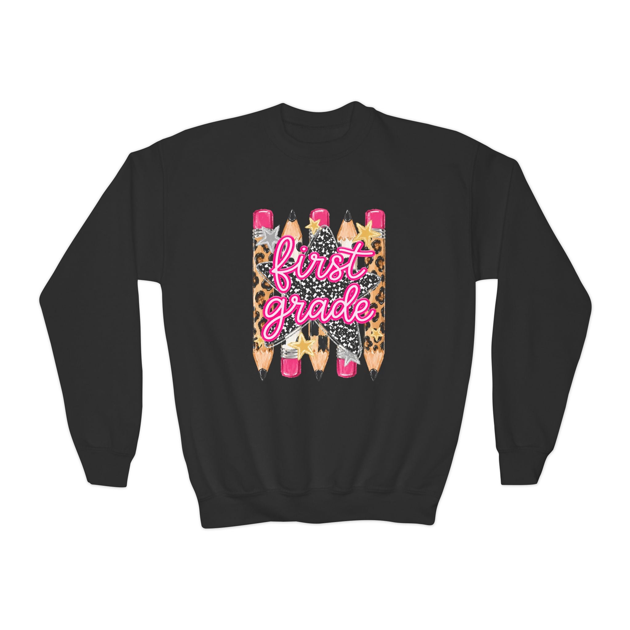 First Grade Leopard Pencil Youth Crewneck Sweatshirt