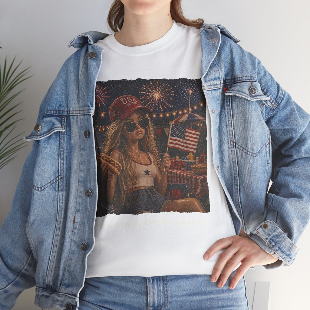 Fourth of July Graphic Tee - Retro Girl with Fireworks & American Flag