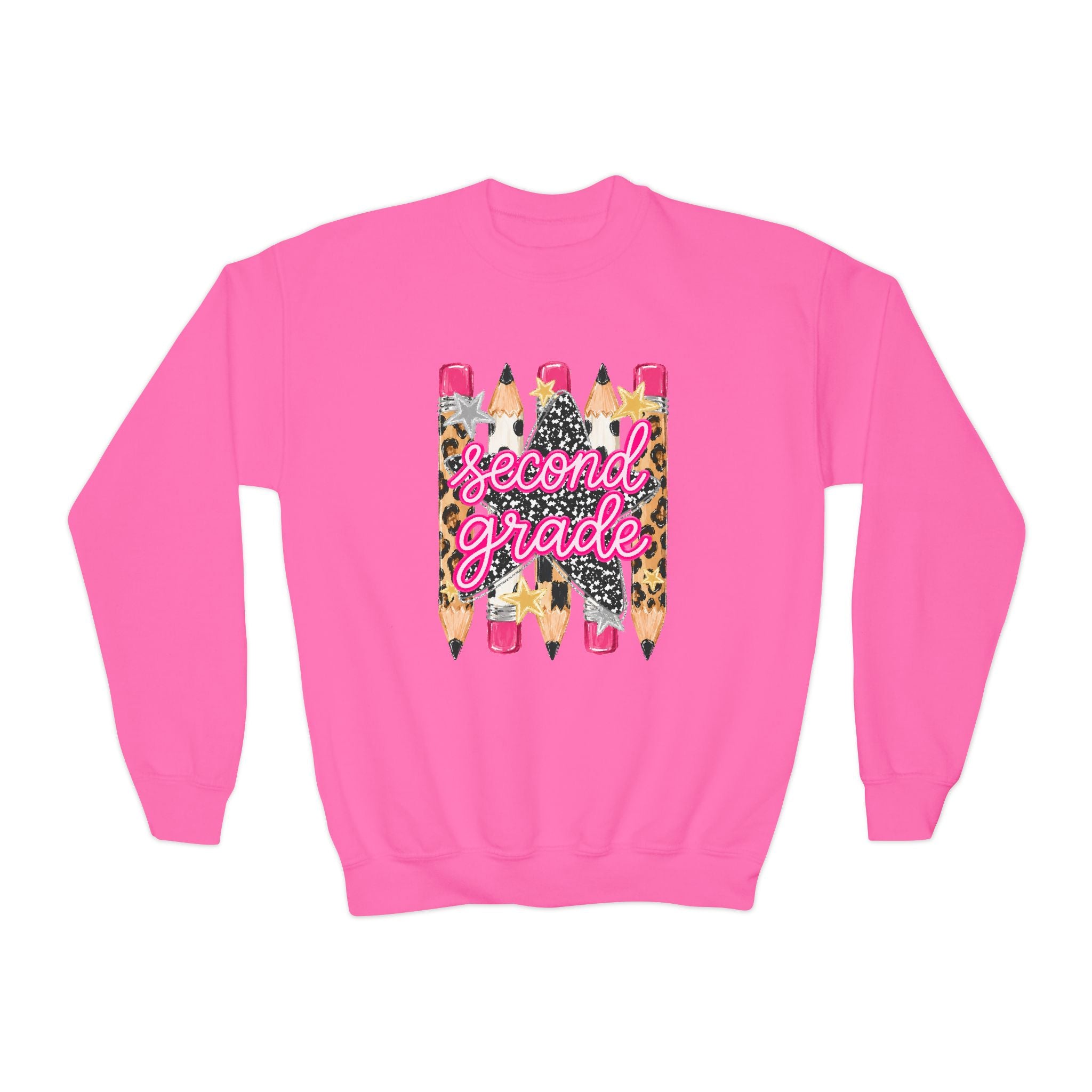 Youth Crewneck Sweatshirt — 'Second Grade' Leopard Pencil Back-to-School Shirt