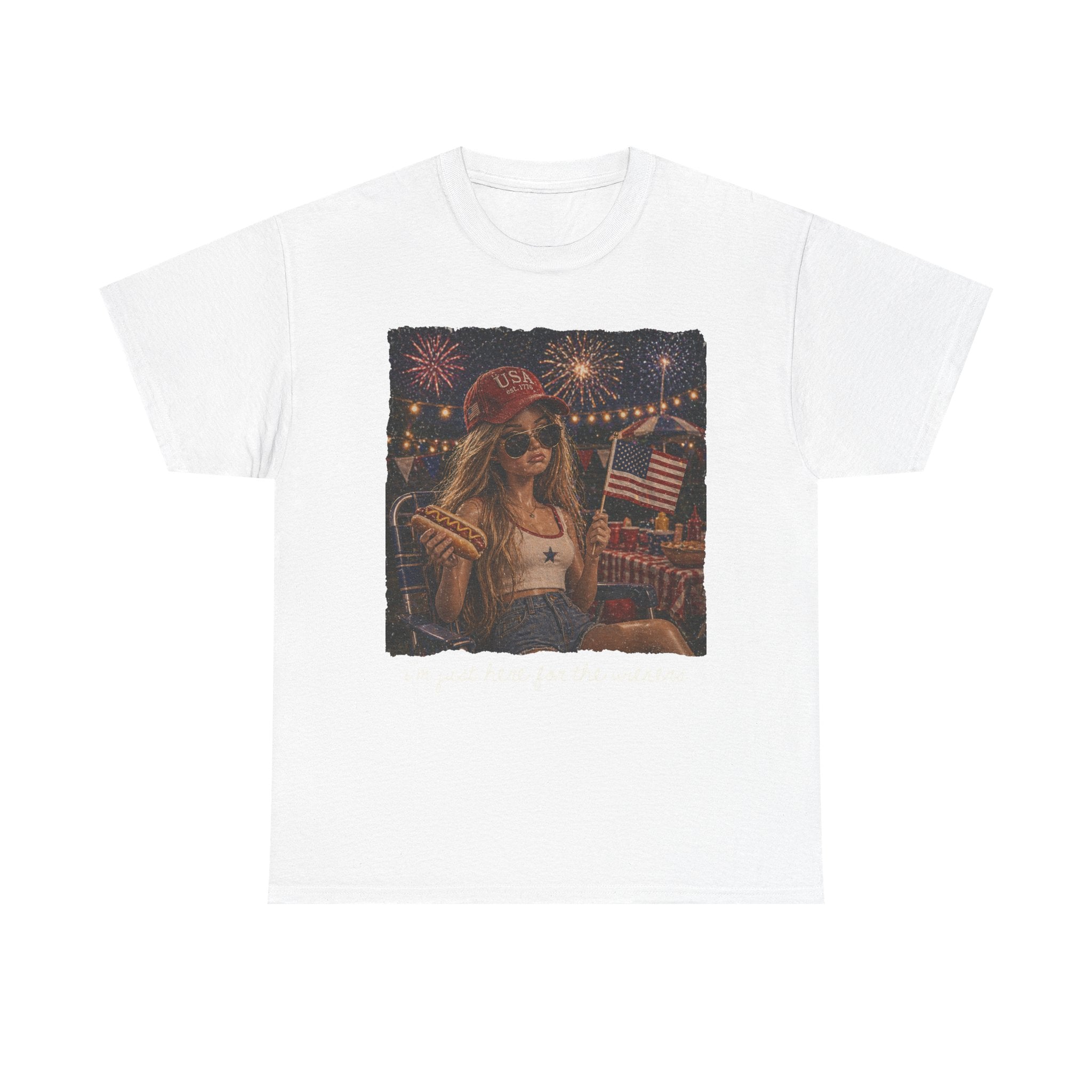 Fourth of July Graphic Tee - Retro Girl with Fireworks & American Flag