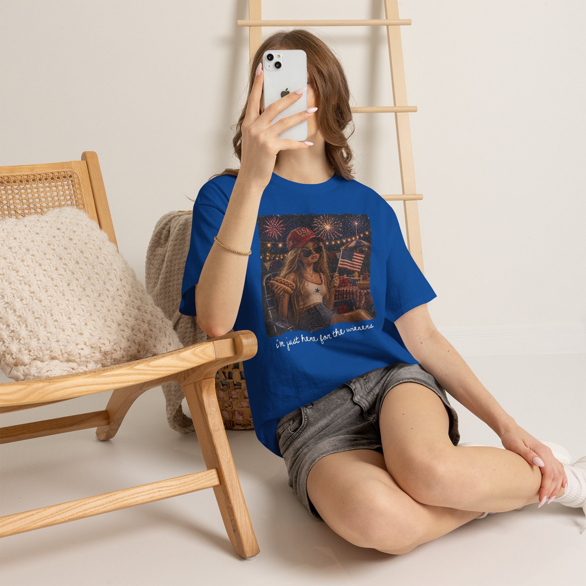 Fourth of July Graphic Tee - Retro Girl with Fireworks & American Flag