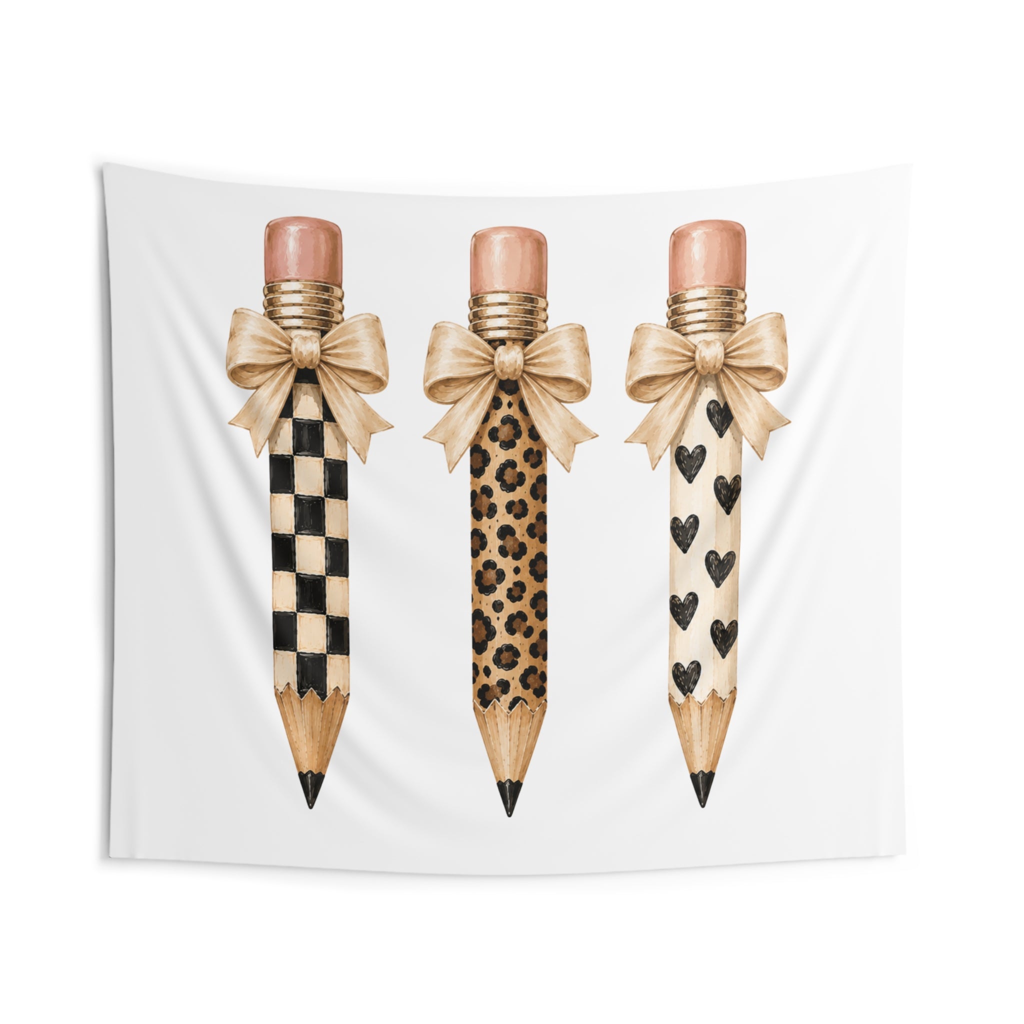 Pencil Trio Tapestry — Leopard, Checker & Heart Pattern Wall Art