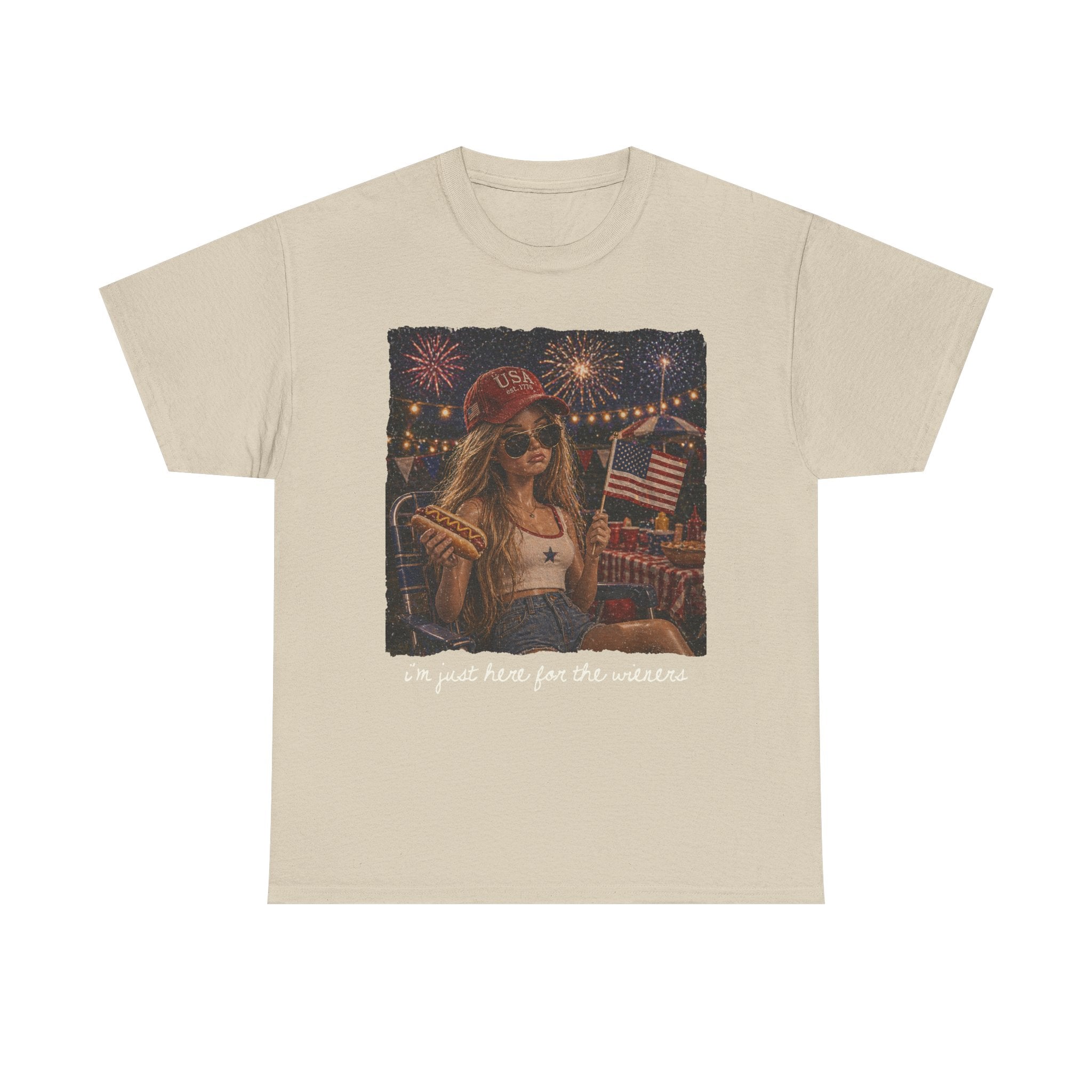Fourth of July Graphic Tee - Retro Girl with Fireworks & American Flag