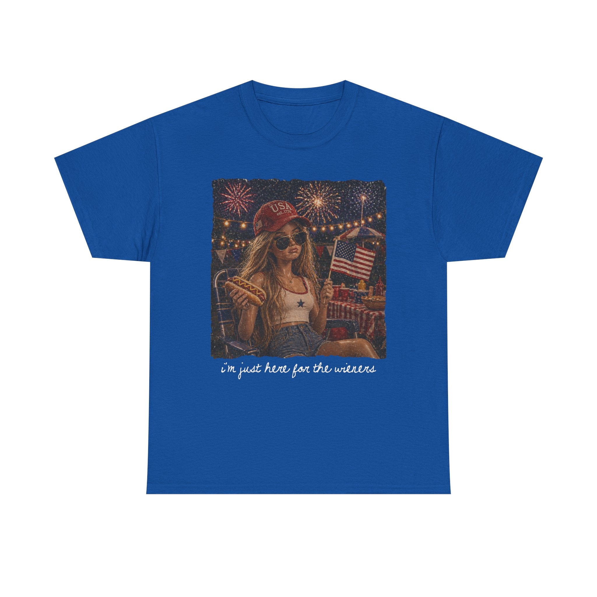 Fourth of July Graphic Tee - Retro Girl with Fireworks & American Flag