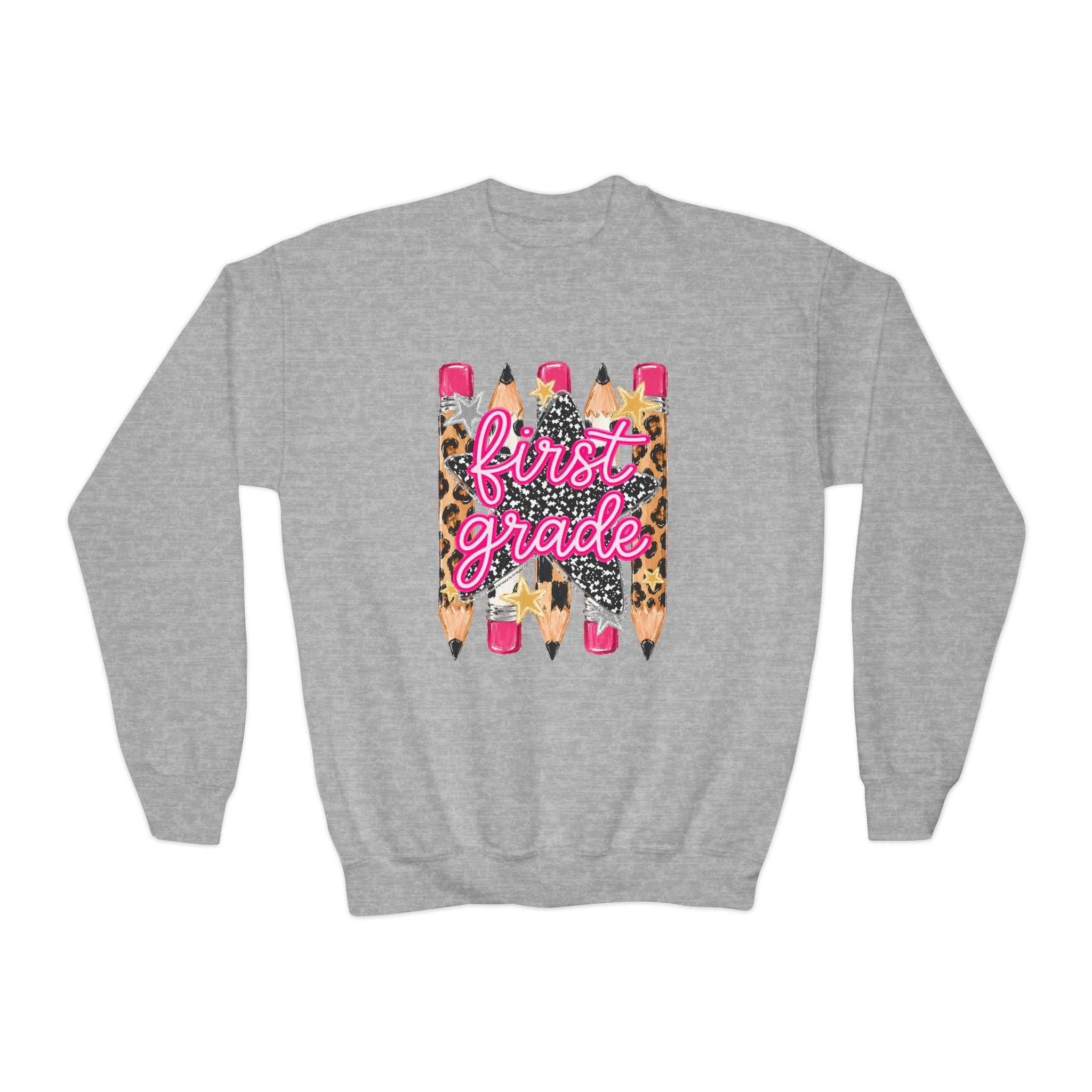First Grade Leopard Pencil Youth Crewneck Sweatshirt