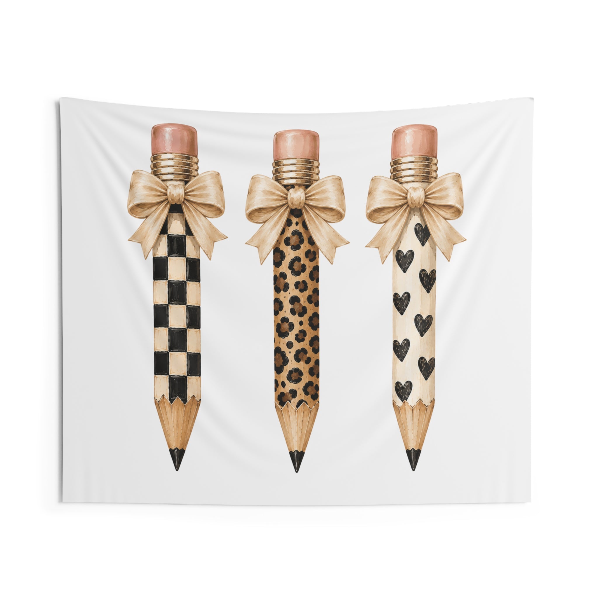 Pencil Trio Tapestry — Leopard, Checker & Heart Pattern Wall Art